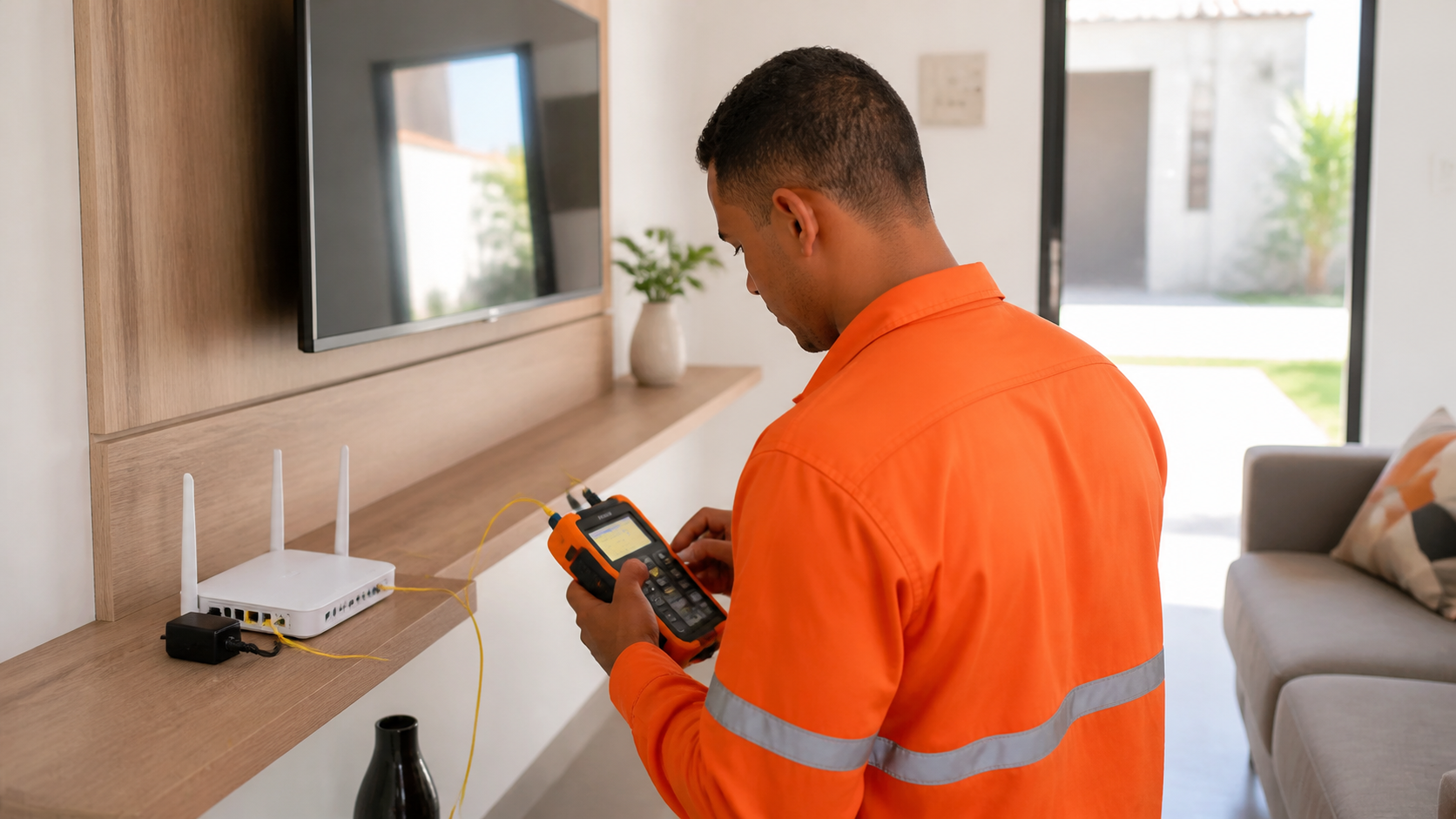 Técnico configurando roteador durante instalação residencial