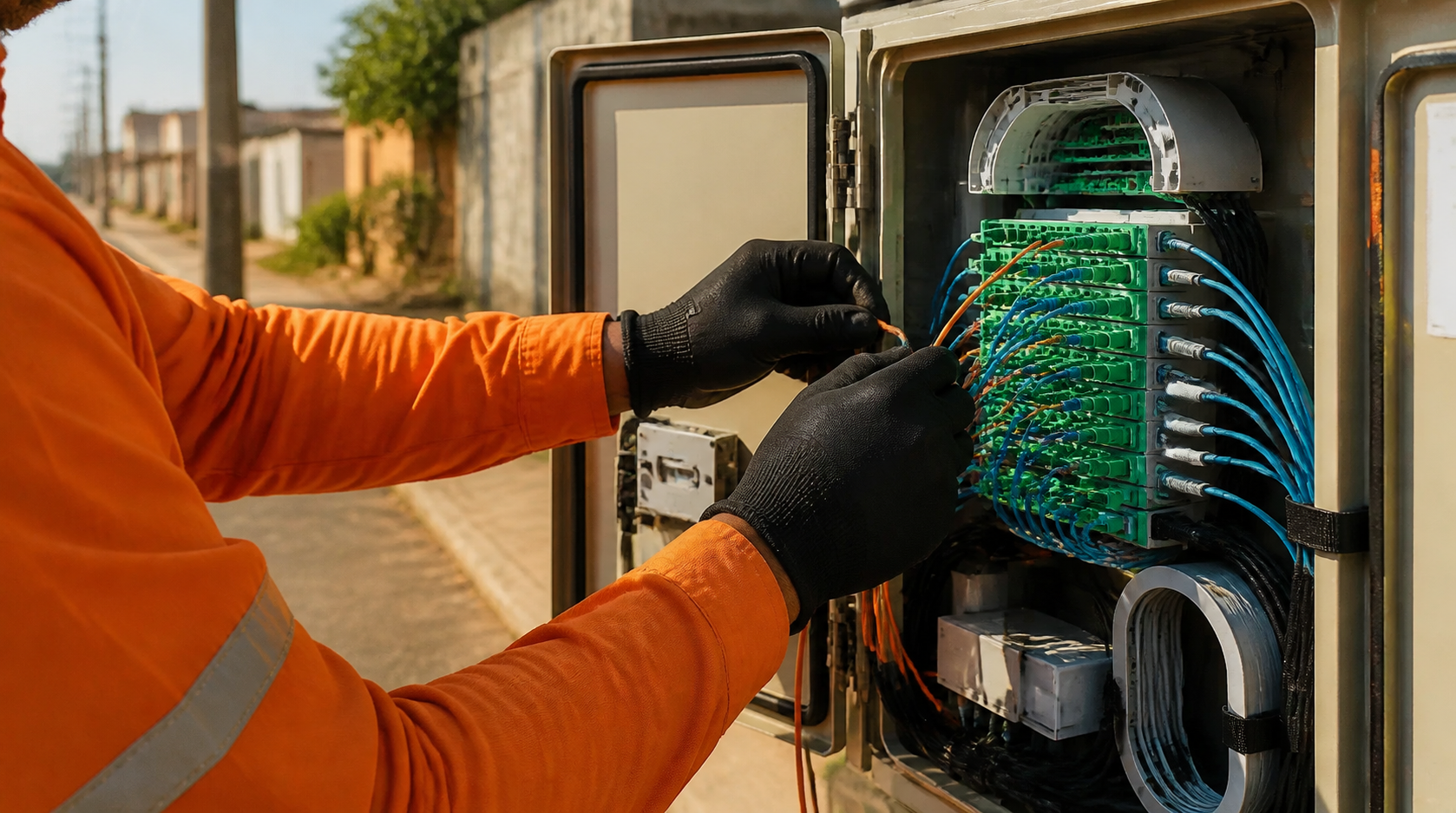 Técnico organizando conexões em uma caixa de distribuição de fibra óptica